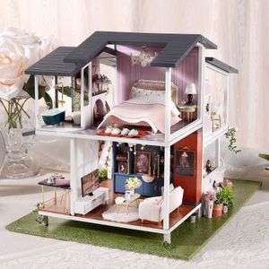 Blocks DIY Handicraft Mini Creative Doll House Furniture Set Wood Romantic Modern Villa LED Light Puzzle Toy H240521