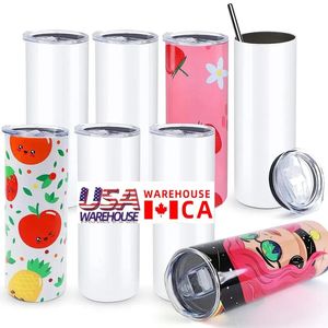 US /CA Local Warehouse 25 pcs/carton 20oz Sublimation Blanks Mug Stainless Steel Straight Tumbler White Cups with Lids and Straw Heat Transfer Water Bottles 0521