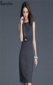 2020 New Summer Office Dress Women Elegant O neck Sleeveless Knee Length Black Grey Wear to Work Sheath Ladies Dresses BD725 Y2002204845