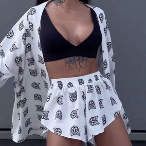 New Loose Long Sleeved Women S Printed Leisure Commuter Lace Up Pajamas Split High Waist Shorts Set