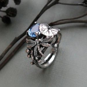 Cluster Rings Vintage Silver Color Dragonfly Lotus Leaf Ring For Women Män unik design blå kristall inlagd bohemiska punk smycken gåvor