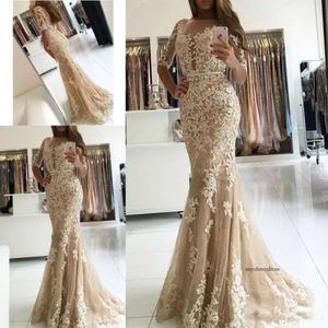 Elegant Champagne Lace Mermaid Evening Dresses Half Sleeve Open Back Prom Dress Long Formal Party Gowns 0521