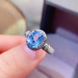 Чистое светло -голубое натуральное кольцо топаза 7mmx9mm 2ct topaz 925 Серебряное кольцо с 3 слоями 18 тыс. Золото