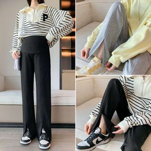 3XL Pregnant Women's Pants Spring Korean Style Front Split Wide Legs Maternity Belly Trousers Loose Casual Pregnancy Boot Cut L2405