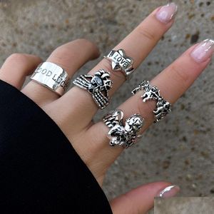 Bant Halkaları Moda Takı Retro Hip-Hop Punk Knuckle Ring Seti Absered Love Mektubu Demon Cupid Angel 5pcs/Set Drop Deliv Dhgarden Dhcor