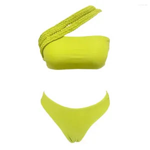 Menas de banho feminino de duas peças de baunete elegante e elegante biquíni de correia com cintura alta nadar em um ombro bandeira de praia para mulheres