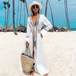 Kvinnors tunik strand lång klänning baddräkt bikini coverup damer badkläder bomull strandkläder baddräkt semester kimono cardigan