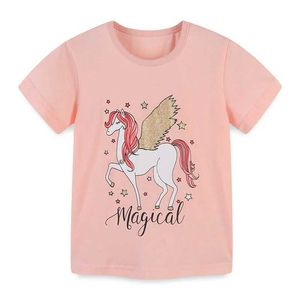 Футболки Little Maven 2024 Mabon Girls Summer Foot Cotton Pink Короткие рукава вершины прекрасная повседневная одежда для детей Y240521