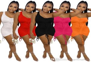2022 Kvinnor Miniklänningar Sexig ärmlös Slim Pleated DrawString Bodycon Dress Summer Diagonal Neck Solid Color Hip Wrap Skirt2820779