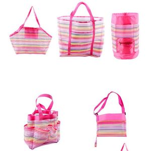 Storage Bags Striped Foldable Beach Toy Bag Pouch Tote Mesh Travel Organizer Sundries Net Dstring Backpack Drop Delivery Home Garden H Dhwp8