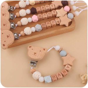 Pacifier Holders Clips# Baby cartoon bear beech wood silicone pacifier chain dummy Nipple stand chain wooden pacifier teeth clip toy accessories d240521