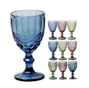 10Oz Wine Glasses Colored Glass Goblet With Stem 300Ml Vintage Pattern Emed Romantic Drinkware