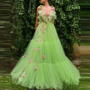 Платья для вечеринок зеленое платье Ruffle V Sect Applique 3D цветы Лето с цветочным рисунком -тюлем Quinceanera