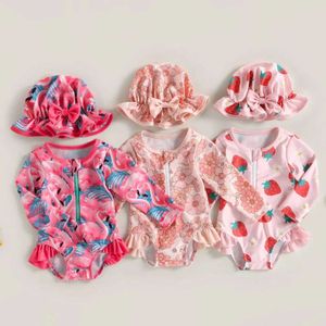 lziz one-piesces bady baild summer set flamingo/flower printed longleve zipper水着ジャンプスーツヘッドバンドと女の子のシャワーD240521