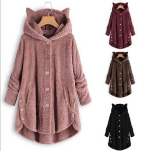 Women's autumn and winter European and Aman buttons hooded cat ears plush blouse irregular solid color coat4710748