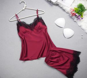 Female Sexy Pajamas Set Satin Lace Patchwork V Neck Spaghetti Strap Sleeveless Tops Shorts Summer Autumn Home Wear Pajamas4505386