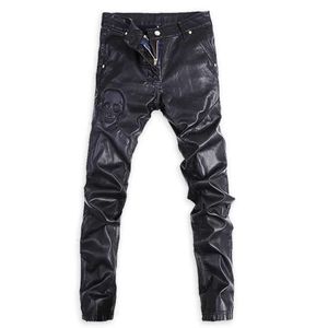 Men S Black Skull Print Leather Pants Slim Korean Winter Motorcycle Windproof Trousers Cfa