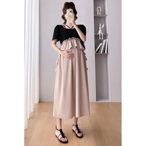 2024 Summer Graviditet Kort ärm Square Collar Ruffles Patchwork Maternity Chiffon Plus Size Pregnant Women Dress L2405