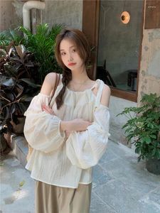 Bluzki damskie bluzki kobiety wiosna 2024 Office Lady Korea Style Śliczne długie rękawy luźne, lite dzianin
