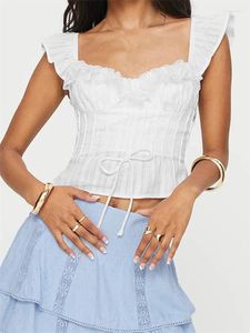 Kvinnors tankar Chronstyle Vintage Women Tank Tops Lace Ruffles Lace-Up ärmlösa Casual Mini Vests Summer Backless Short Streetwear 2024