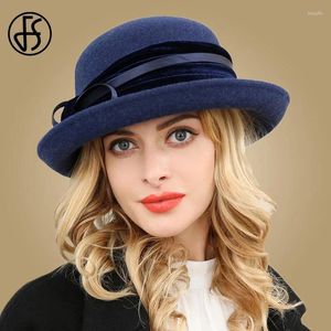 Berets Fs Wide Bim Fedora Winterhüte für Frauen Mode Wolle Filz Navy Blue Bowler Hut Damen formelle Retro Bowknot Floppy Mützen