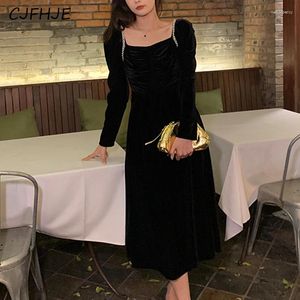Casual Dresses CJFHJE Vintage Black Velvet Long Dress Women Elegant Gothic Backless Ruffles Y2K Female Korean Sexy Evening Party