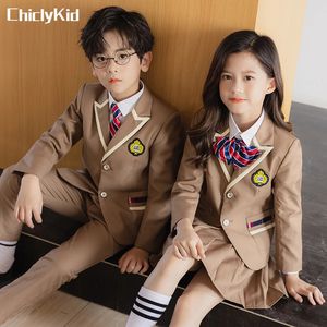 Boys School Uniform Girls Jacket Khaki Skirt Shirt Tie Suits Kids Formal Dress Tuxedo Toddler Clothes Sets Child Student Outfits 240518