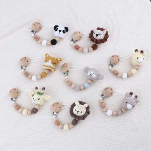 Pacifier Holders Clips# 1 piece of panda elephant sheep pacifier chain wooden clip crochet beads tooth chain baby teeth braces newborn products d240521