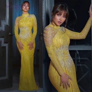 Elegant Yellow Mermaid Muslim Evening Dresses For Women Luxury Dubai Long Sleeves Beaded Arabic Formal Party Gowns BC17007