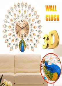 Large 3D Diamond Crystal Quartz Peacock Wall Clocks Watch European Modern Design for Home Living Room Decor Silent Wall Clock1704986