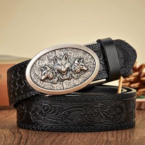 35CM Wolf Designer Belt for Men Retro Automatic Buckle Arts and Crafts Male Genuine Cow Leather Waist Band Honorable Strap 240516