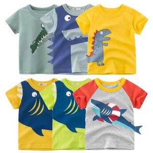 T-shirts 2024 Sommarbarn Kläder pojkar flickor t shirt bomull dinosauri kort hylsa topp barnkläder 3d tecknadshaj t-shirt för pojke y240521