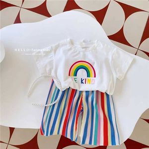 Clothing Sets Girls Rainbow Clothes Sets Summer Children Short Sleeve Suits Baby Kids T-shirt Tops+Pants 2Pcs Teenage Thin Outfits 1-8 Years Y2405202LUW