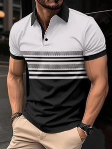 Мужская рубашка с коротким рубашкой мода. Повседневная полосатая лацка летняя футболка европейская одежда 240517