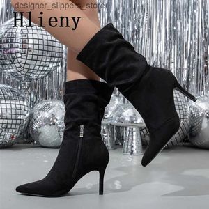 Сапоги Hlien Black Red Fashion Mawngled Angle Boots для женщин 2024 Осень/Зимняя Новая Компактная Упомянутая Тонкая высокая каблуки для женской обуви Q240521