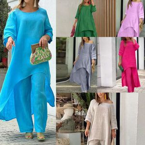 Summer Women S New Cotton Linen Instagram Fashion Casual Solid Color Irregular Wide Leg Pants Two Olid olid