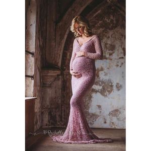 2022 Meerjungfrau Kleider für Fotoshooting Spitze Maxi Mutterschaftskleid von Schulter sexy Frauen Schwangerschaftskleider Fotografie Prop L2405