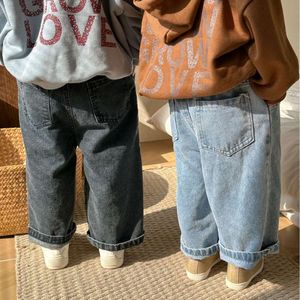 2024 Frühling Herbst Kinder Retro Jeans Mädchen Baby Taschen Wide Leg Kinder Jungen lässige Hosen Lose Kleinkind Baumwollhose