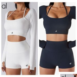 Roupa de ioga al-124 feminino ternos esportivos esportes skirtaddshorts Conjunto de shorts de saia de manga longa