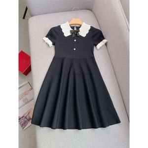 Summer Black Contrast Color Ribbon Tie Bow Knitted Dress Short Sleeve Peter Pan Neck Panelled Short Casual Dresses Q4W170306