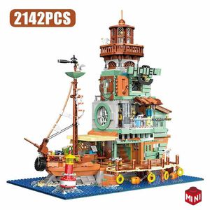 Blocks Creative Harbor Hotel Hotel Old Fishing House Modelo Construção de Rua Vista para Lighthouse Houseboat With Light Mini Bricks Toys H240521