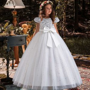 Mädchen Prinzessin Brautjungfer Kinder Lange Prom -Ballkleider 2024 Kinder Geburtstagsfeier Bogen Spitzen Kleider Sommer Vestidos