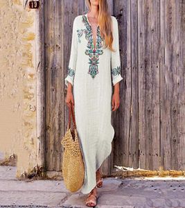 Женщины Boho Long Maxi платье национальное стиль цветочное принт лето хлопковое льняное льня