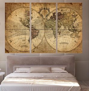 3 панели винтажные карта мира карта холст живопись домашняя декор стены искусство живопись картин