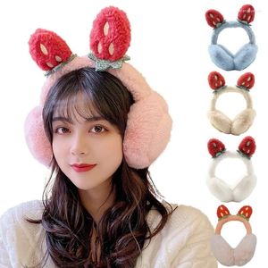 Boinas coreanas estudantes estudantes de inverno pluxusfffs desenho animado 3D Strawberry Ears ouvido tampas de orelhas portáteis dobráveis