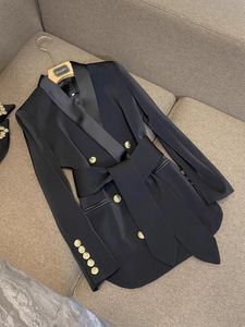 2024 Autumn Black / Pink Solid Color Belted Blazers Long Sleeve Lapel Neck Panelled Double-Breasted Outwear Coats O4W201824
