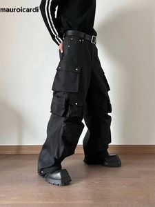 Męskie spodnie Mauroicardi Wiosna jesień chłodne czarne szerokie nogi spodnie z wieloma kieszeniami i długą odzieżą techniczną Przystojne spodnie uliczne odzież 2023UINO