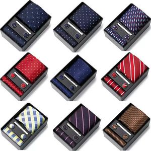 卸売高品質7.5 cm Jacquard Tie Hantkerchief Cufflinkセットネクタイボックスウェディングアクセサリーフィットフォーマルパーティー240522