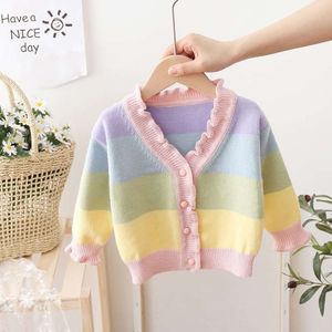 1-6 Years Old Girls Knitted Cardigan V-Neck Rainbow Striped Sweater Spring Autumn Casual Jacket Tops Children Outerwear L2405