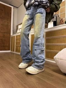 HOUZHOU Bootcut Jeans Men Flare Pants Hip Hop Distressed Denim Cargo Trousers Male Low Waist Casual Japanese Streetwear Pocket M522 46